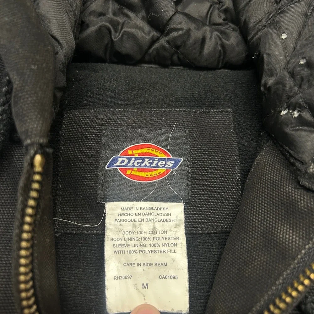 Dickies Hooded Work Jacket Black Mens Size M Canvas Quilted Lined Distressed